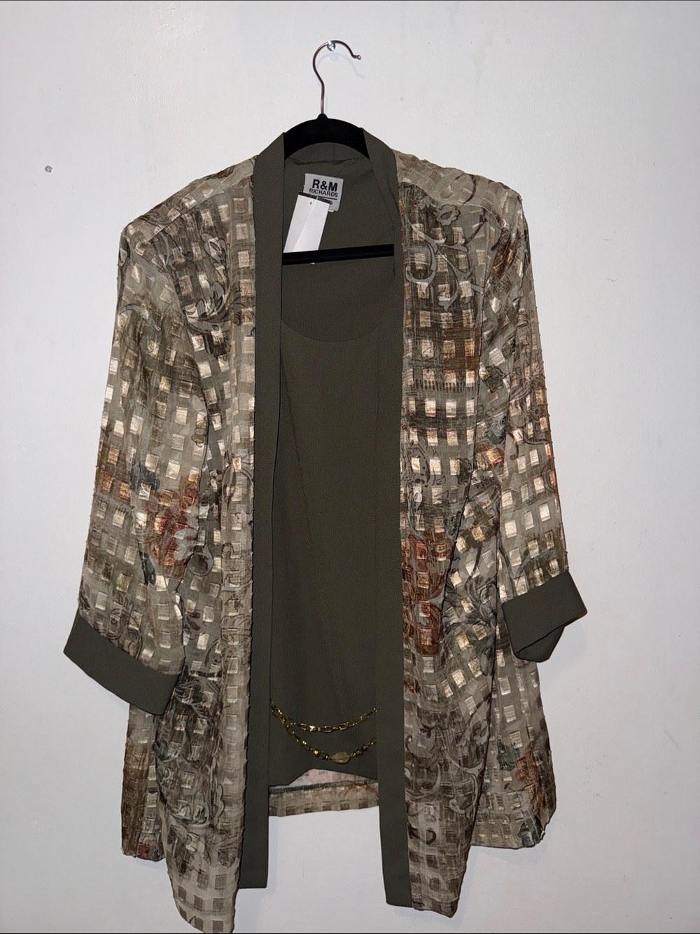 R&M Richards Olive Open-Front Textured Jacket with Pattern